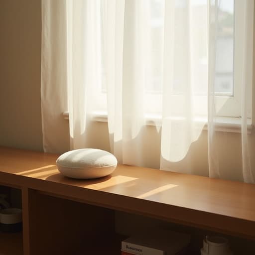 선 케어 쿠션, 화장품, 북촌의 거실에 있는 나무 선반, 얇은 흰색 커튼, 아늑한, 미니멀