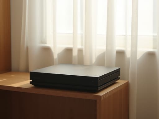 게임 콘솔, 디지털 기기, 나무 선반, 햇살이 비치는 스튜디오, 성수동, 얇은 흰색 커튼, 에디토리얼 인스타그램 스타일, 아늑한, 미니멀한
