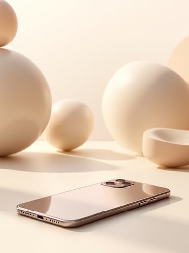 스마트폰, 디지털 기기, 전자 제품 중립적인 파스텔 배경, 추상적인 기하학적 형태 깨끗하고 현대적이며 부드러운 자연 아침 빛