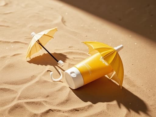 선크림, 거대한 보호 우산 그림자가 드리워진 광활한 사막 풍경, 보호적이고 고요하며 차분한