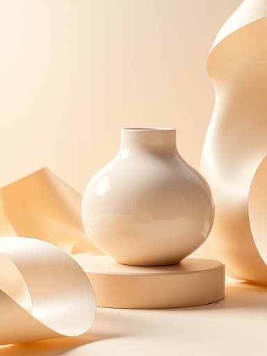 핸드메이드 화병, 도자기, 인테리어 소품, 미니멀한 스튜디오 설정, 부드러운 파스텔톤의 받침대, 실키한 종이 리본, 프리미엄, 현대적, 따뜻한 확산 조명.