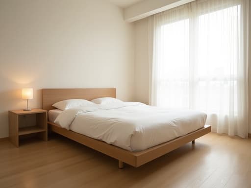 미니멀한 스튜디오 아파트, 성수동의 싱글 침대, 가구, 고요한, 미니멀한, 아늑한