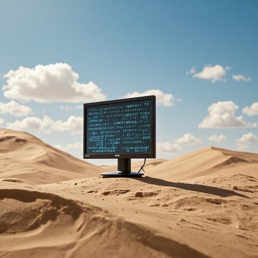 모니터, 디지털 기기, 전자 제품, 이진 코드 모양의 듄이 있는 디지털 사막 풍경, 초현실적, 비전적