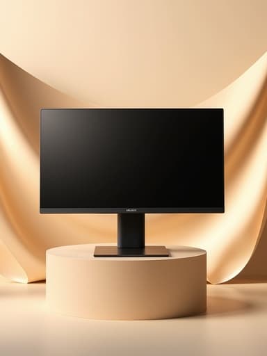 디지털 모니터, 디지털 기기, 미니멀한 원형 포디움, 부드러운 베이지 배경, 부드러운 천 접힘, 은은하고 세련된 프리미엄