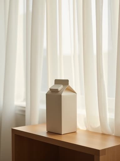 우유 팩, 성수동의 아늑한 스튜디오에 있는 나무 선반과 얇은 흰색 커튼, 인스타그램 스타일의 편집, 아늑함, 미니멀