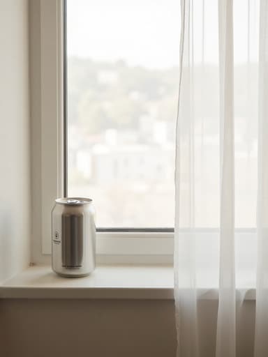 음료수 캔, 음식; 매트 세라믹 창턱, 제주 스테이 욕실, 얇은 흰색 커튼을 통해 비치는 햇빛; 아늑하고 미니멀한 인스타그램 스타일의 미학