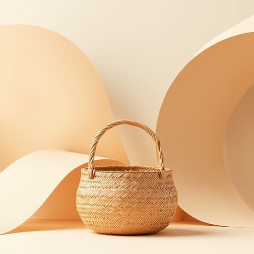 라탄 바구니, 인테리어 소품, 미니멀한 파스텔 배경, 부드러운 패브릭 주름, 추상적인 종이 아치, 따뜻하고 깔끔하며 현대적이고 고급스러운 분위기