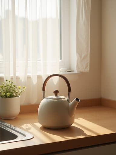 주전자, 주방용품 한난동의 햇빛이 드는 공유 주방의 나무 조리대, 얇은 흰색 커튼 아늑하고 미니멀한 아이폰 스타일 사진