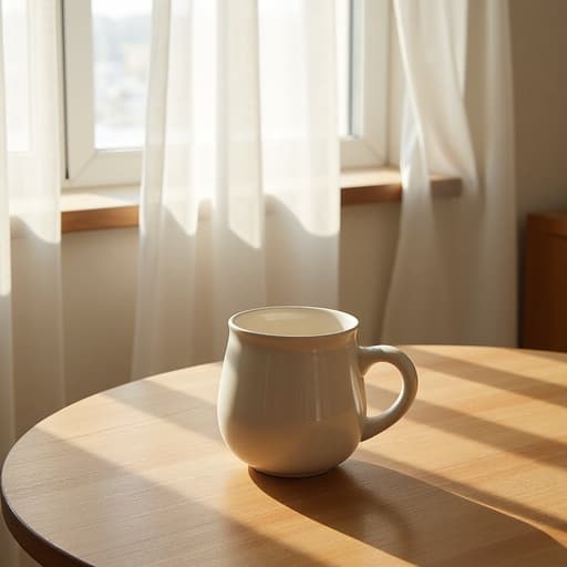 머그컵, 주방용품, 질감 있는 나무 테이블, 햇살이 가득한 창문, 아늑한 제주 숙소, 얇은 흰색 커튼, 아늑한, 단순한, 우아한, 아침