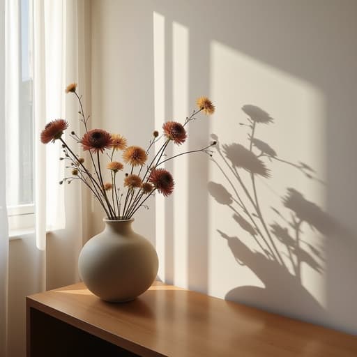 드라이플라워, 인테리어 액세서리 북촌의 아늑한 거실, 얇은 흰색 커튼, 나무 콘솔 테이블 아늑하고, 미니멀 하며, 라이프스타일