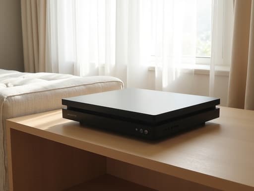 게임 콘솔, 광택이 나는 나무 선반, 미니멀리스트 북촌 거실, 아늑하고 현대적인 라이프스타일