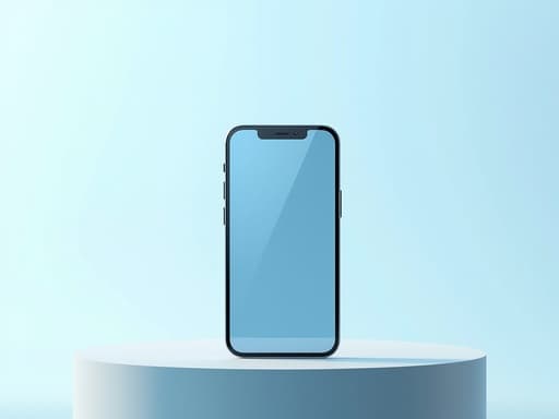 스마트폰, 소형 전자제품, 미니멀리스트 포디엄과 깨끗한 라인, 파스텔 하늘색 배경, 부드럽고 자연스러운 주간 조명, 고급스럽고 깨끗하며 현대적임