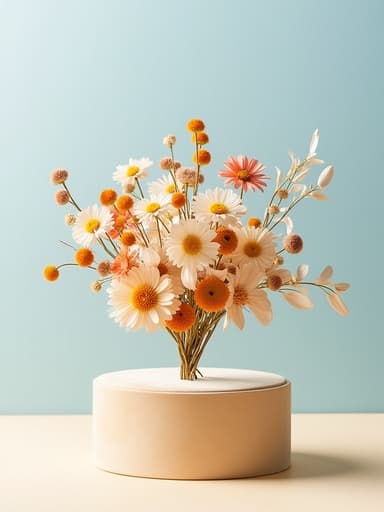 드라이플라워, 인테리어 오브젝트, 부드러운 베이지 벨벳 포디엄, 파스텔 하늘색 배경, 부드러움, 자연스러움, 프리미엄, 청결함