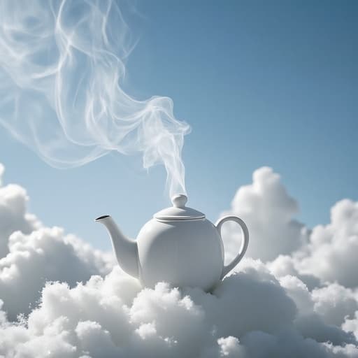 주전자, 구름 같은 정원 풍경과 증기 소용돌이, 평화롭고 위안이 되는