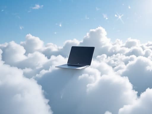 노트북, 디지털 기기, 구름으로 둘러싸인 평화로운 떠 있는 섬, 평온한, 미래지향적, 혁신적