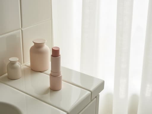 립밤, 제주의 흰 타일 욕실 카운터, 아늑하고 미니멀리즘한