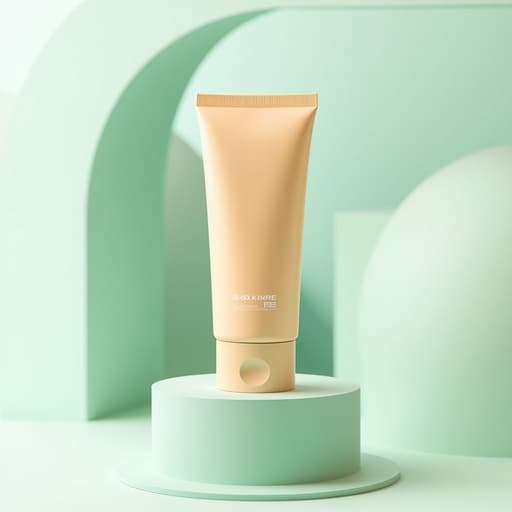 선케어 비비 크림, 우아한 페이스트 민트 포디엄, 추상적인 종이 아치, 고급스럽고 깨끗하며 현대적인