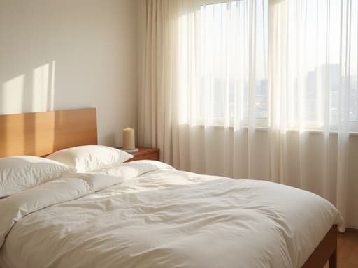 퀸사이즈 침대, 가구아늑하고 미니멀한 침실, 나무 나이트스탠드, 시어화이트 커튼, 서울 아파트편안하고 고요한