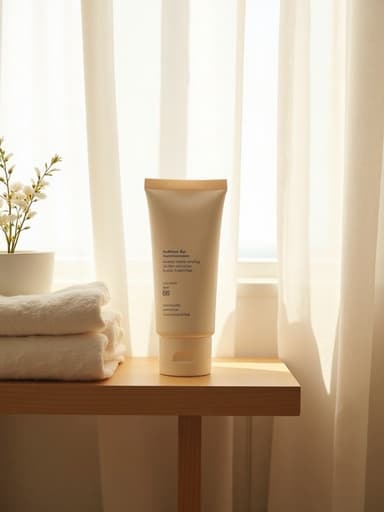 선케어 BB 크림, 화장품 나무로 된 욕실 선반, 제주도 게스트하우스, 미니멀리스트 장식, 얇은 흰색 커튼을 통해 들어오는 햇빛 아늑하고 자연스러운 아침 분위기