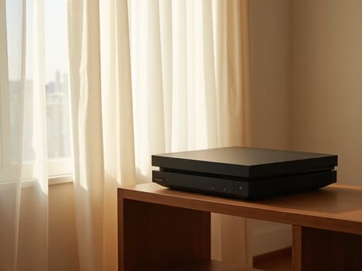 게임 콘솔, 나무 선반, 해가 드는 거실, 북촌, 따뜻하고 매력적인