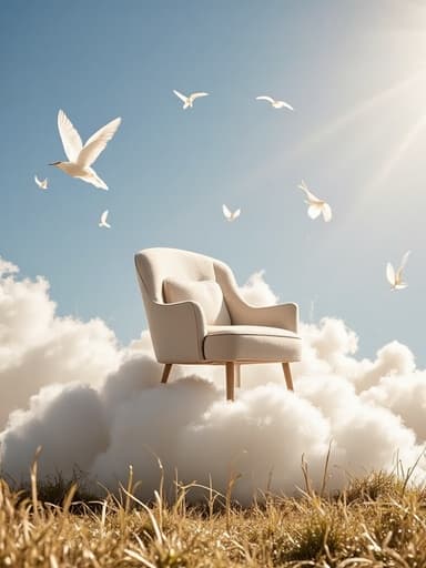 인테리어 의자, 깃털 위에 떠 있는 구름에 있는 열린 들판, 초현실적인, 고요한