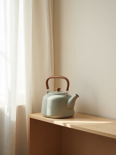 주전자, 주방용품 나무 선반, 한남동의 스타일리시한 주방 스튜디오, 동쪽을 향한 자연광, 하얀 린넨 커튼, 파스텔 벽 색조 아늑하고 미니멀한 라이프스타일, 에디토리얼 인스타그램 스타일