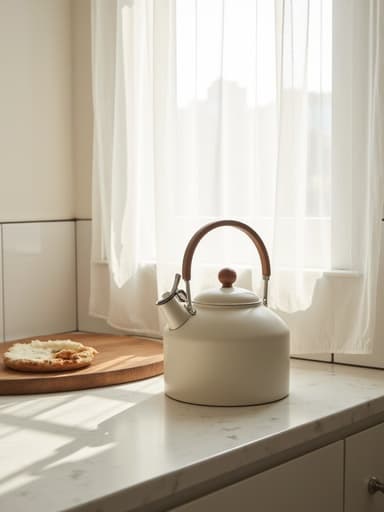 주전자, 주방용품; 흰색 대리석 카운터, 햇살 가득한 주방, 한남동, 얇은 흰색 커튼; 아늑한, 라이프스타일