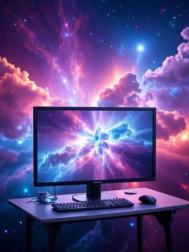 모니터, 컴퓨터, 스크린, 디지털 기기, 활기찬 성운 구름, 광활한, 경외감을 불러일으키는