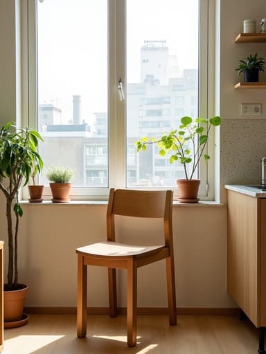 의자, 가구, 홈 데코, 큰 테라조 창턱, 한남동 공유 주방, 동쪽을 향한 자연광, 화분 식물, 아늑한, 미니멀리즘, 라이프스타일, 인스타그램 스타일