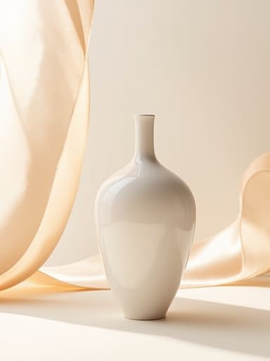 흰색 세라믹 화병, 부드러운 파스텔 배경, 섬세한 패브릭 주름, 새틴 리본, 따뜻한, 현대적, 우아한