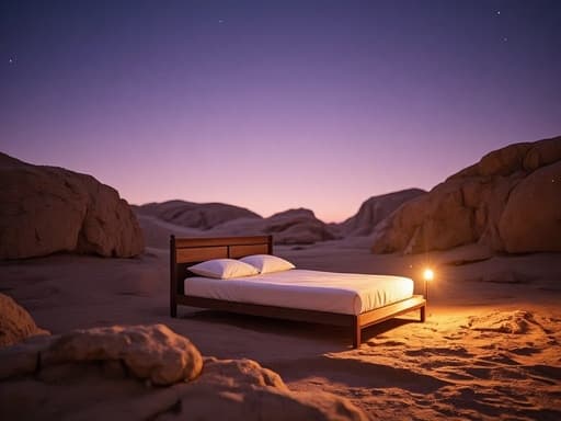 싱글 침대, 황혼의 고요한 사막 오아시스, 고요함, 평화로움
