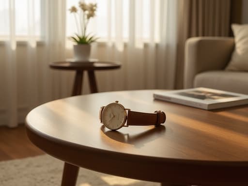 쿼츠 시계, 나무 커피 테이블, 아늑한 거실, 북촌, 서울, 부드러운 아침 햇살
