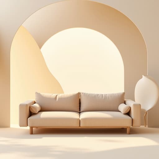 소파, 가구, 인테리어 오브젝트, 부드러운 파스텔 톤, 추상적인 종이 아치, 부드러운 주름, 고요한, 미니멀리스트, 현대적