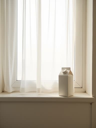 우유 팩, 식품, 얇은 흰 커튼을 통해 부드러운 아침 햇살이 비치는 단순한 제주 스테이 욕실의 매트 세라믹 창턱, 고요한, 미니멀리즘, 아이폰 스타일 사진