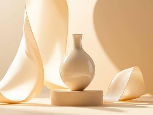 핸드메이드 화병, 인테리어 소품 파스텔 베이지 포디엄, 새틴 리본 따뜻하고 우아하며 미니멀리즘적인