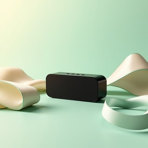 블루투스 스피커, 소형 전자제품 파스텔 민트 배경, 부드러운 패브릭 주름, 새틴 리본 따뜻하고 현대적이며 고급스럽고 미니멀한
