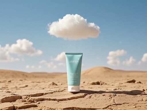 핸드크림, 갈라진 대지와 위에 떠 있는 하나의 비구름이 있는 초현실적인 사막 풍경, 상쾌한, 진정되는, 원기 회복되는