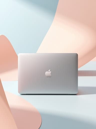 노트북, 소형 전자기기 파스텔 무채색 종이 배경, 추상적인 기하학적 형태 깨끗하고 현대적인, 부드러운 자연광