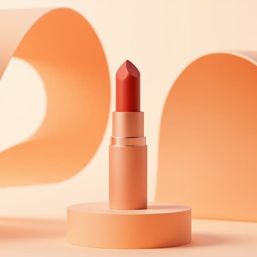 립스틱, 화장품 파스텔 피치 포디움, 부드러운 패브릭 접힘, 추상적인 아치 따뜻하고 확산된 자연광, 프리미엄, 현대적