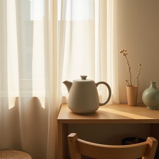 주전자, 주방용품 나무 선반, 아늑한 한남동 공동 주방, 얇은 흰색 커튼 따뜻하고, 미니멀하며, 라이프스타일