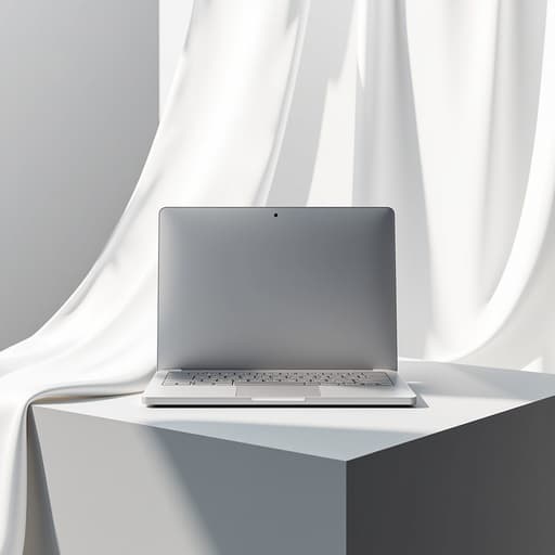 노트북, 소형 전자 기기, 매끄러운 무광 회색 받침대, 부드러운 흰색 천드림, 프리미엄, 깨끗한, 현대적