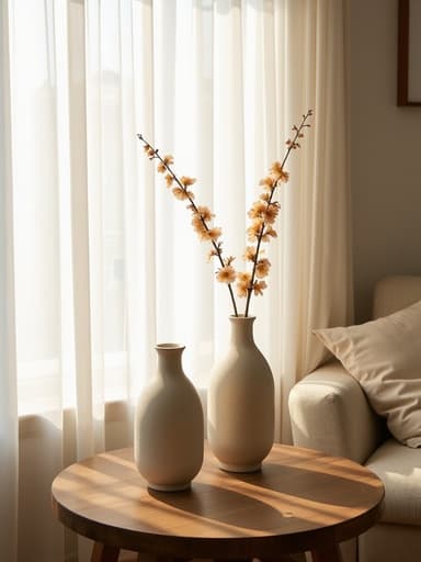 세라믹 꽃병, 인테리어 소품, 소박한 나무 테이블, 아늑한 코너, 서울 거실, 아침 햇빛, 얇은 흰색 커튼, 평온함, 따뜻함