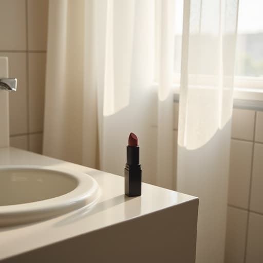 립스틱, 화장품, 매트 세라믹 욕실 카운터, 부드러운 아침 햇살을 통해 필터링되는 얇은 흰색 커튼, 타일 욕실, 제주 스테이, 아늑한, 인스타그램 적격, 미니멀리스트