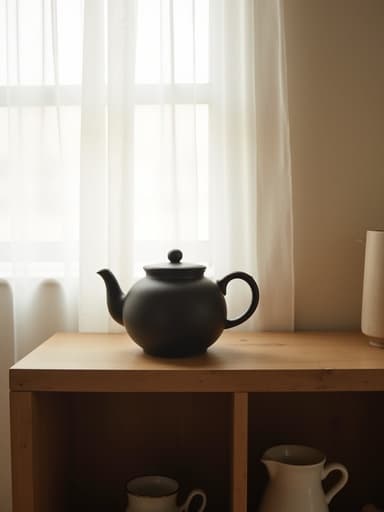 찻주전자, 주방용품, 북촌의 아늑한 주방의 전통적인 나무 선반, 얇은 흰색 커튼, 미니멀하고 따뜻한 분위기