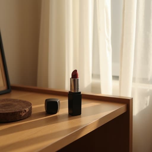 립스틱, 화장품 부산 리빙룸이 있는 나무 선반과 얇은 흰색 커튼, 아늑하고 우아하며 라이프스타일