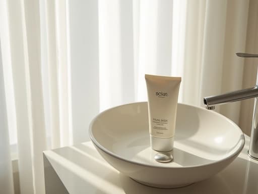 자외선 차단제, 화장품; 매트 세라믹 욕실 싱크대 표면, 제주 체류의 흰 커튼을 통해 여과된 아침 햇빛; 미니멀하고 차분한 미학