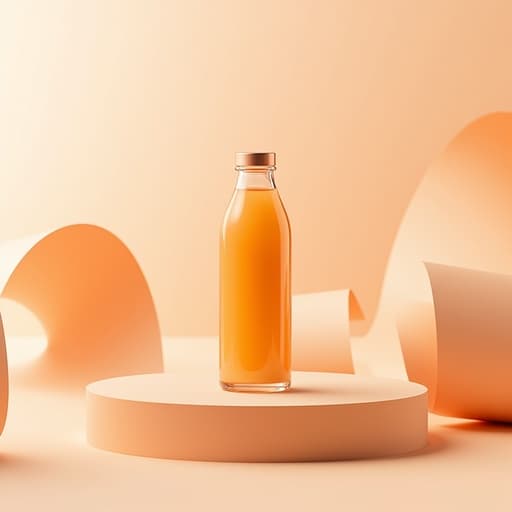 주스 병, 가정용품 밝은 나무 받침대, 파스텔 복숭아 배경, 부드러운 종이 터널 따뜻하고, 미니멀리스트적이며, 현대적임