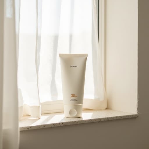 선스크린, 테라초 창틀, 제주 스테이 욕실, 하얀 커튼, 차분함, 평온함, 미니멀리스트