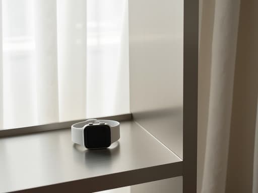 스마트워치, 전자기기 브러시드 메탈 선반, 현대적인 성수동 스튜디오, 동향 자연광, 얇은 흰색 커튼 깨끗하고 현대적이며 우아한 분위기