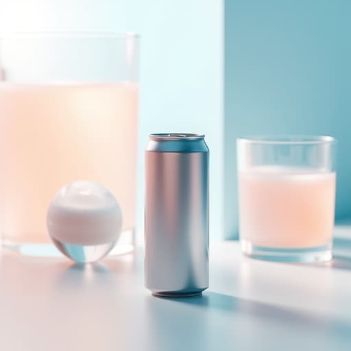 캔맥주, 식음료, 그라디언트 파스텔 배경, 미묘한 서리 낀 유리 소품, 상쾌하게 시원한, 현대적이고 깔끔함
